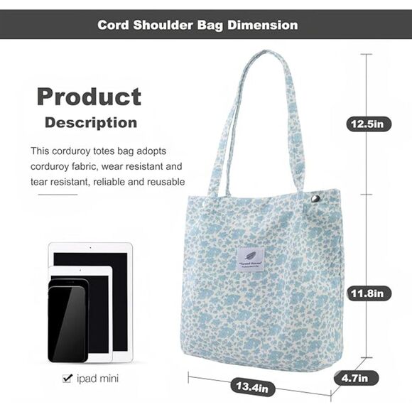 Women Blue Flower Imported Corduroy Small Canvas Shoulder Handy Tote Bag - Picture 3 of 4